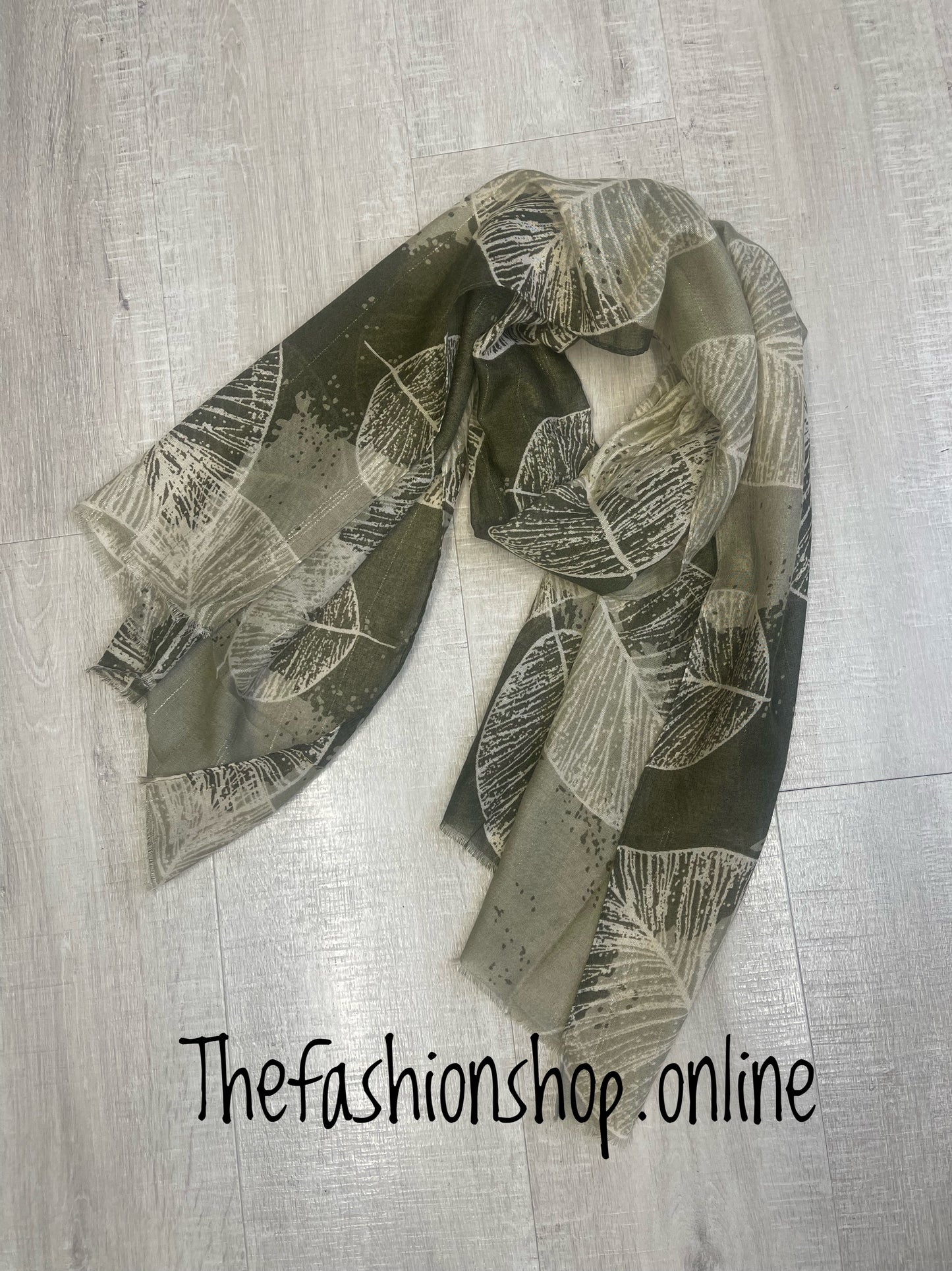 Khaki and cream leaves lightweight scarf