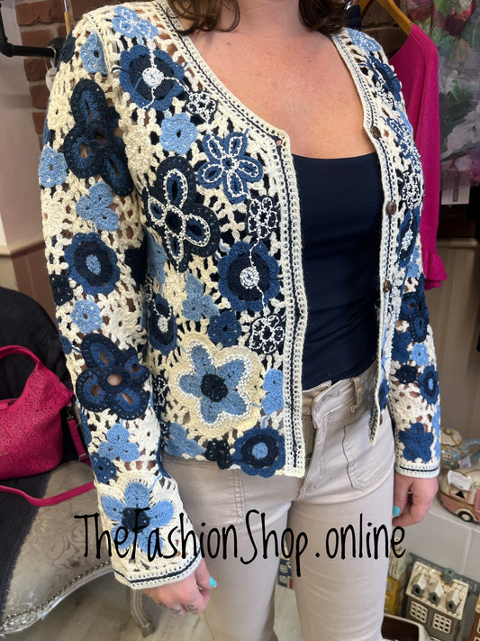 Maddy blue and cream embellished crochet cardigan 8-10 and 12-14