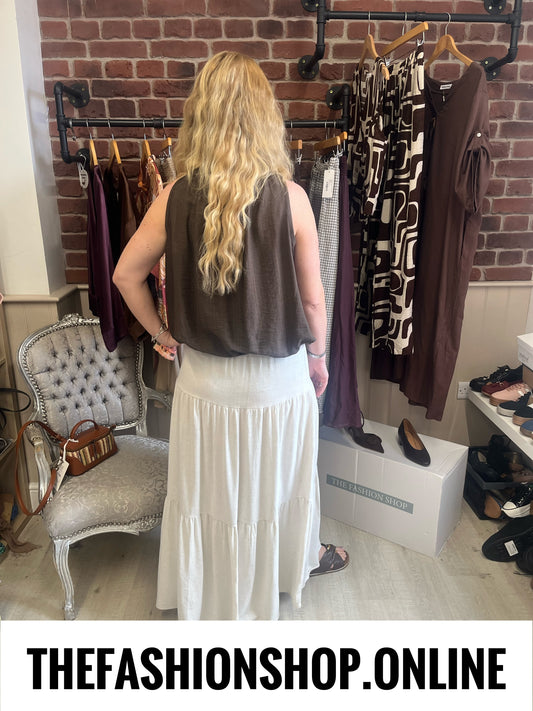 Rosa beige linen mix tiered skirt 8-14