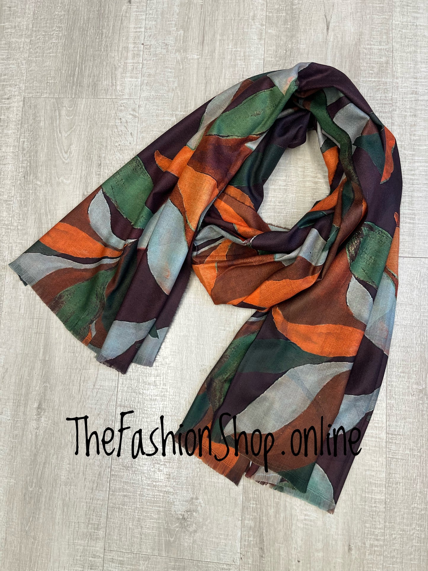 Rust, green and brown leaves scarf