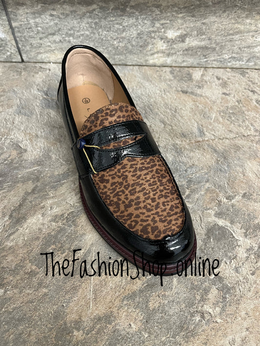 Lunar Titan black patent leopard print loafers sizes 4-8 (37-41)