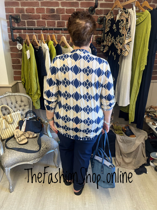 Jasmine navy and beige geometric print blouse 14-22