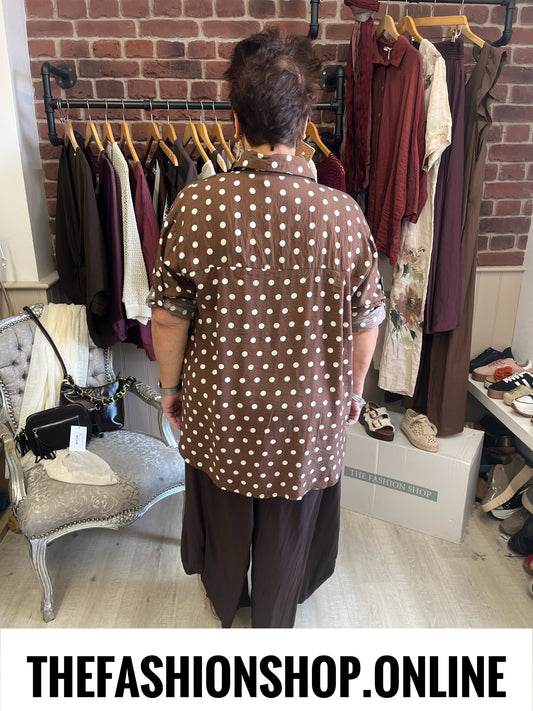 Norah brown polka dot linen mix blouse 14-20