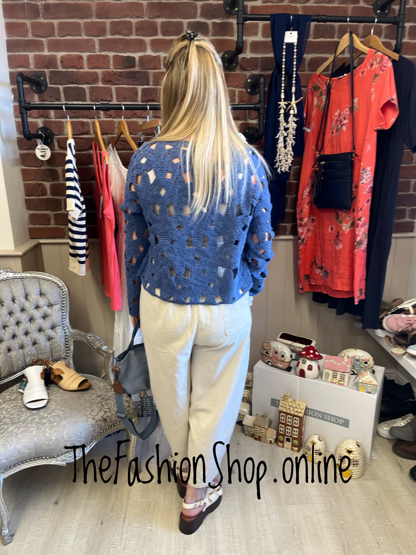 Kayla denim blue crochet cardigan sizes 10-12 and 14-16