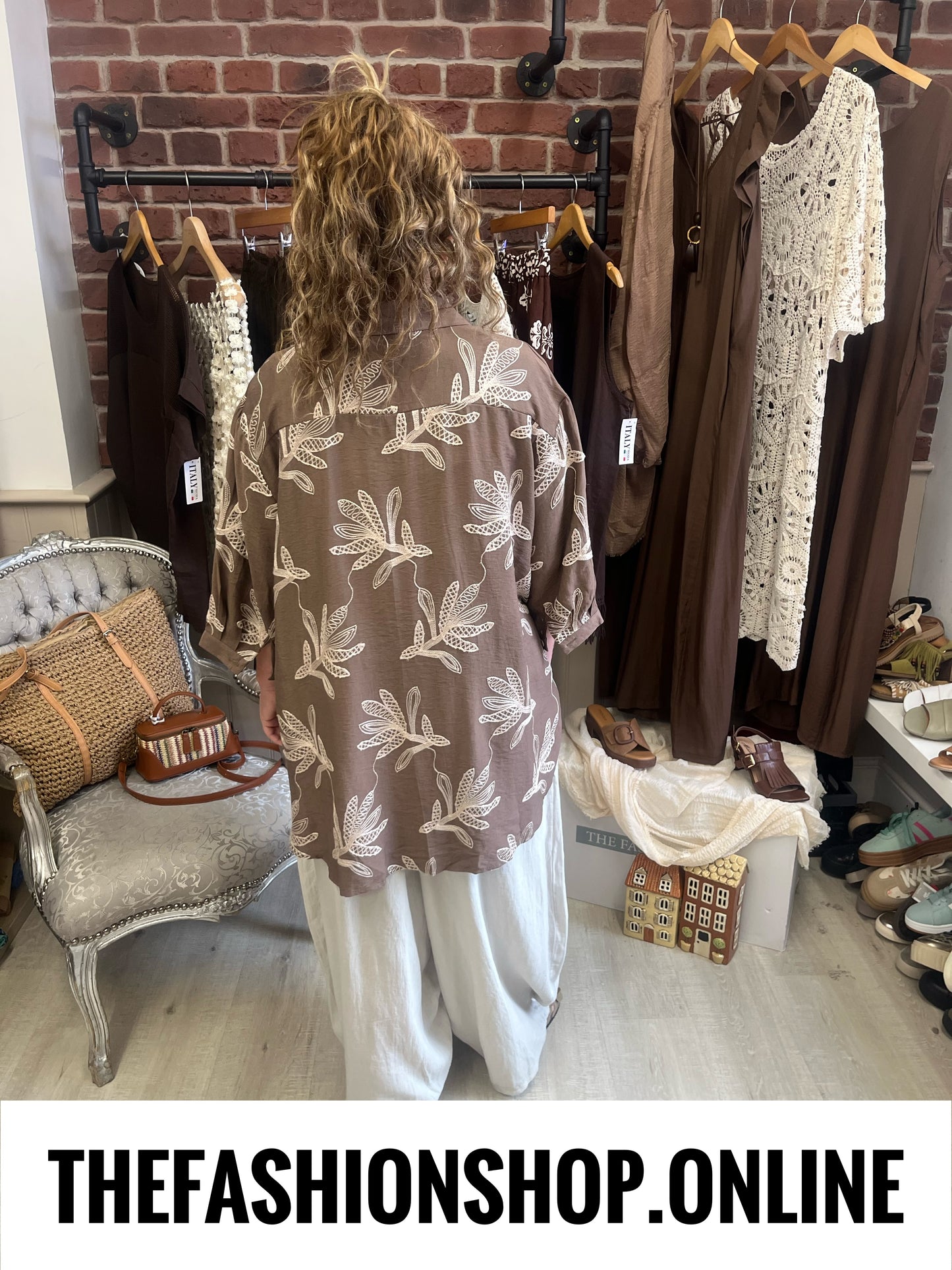 Jemma brown embroidered linen mix shirt 10-14 and 16-18