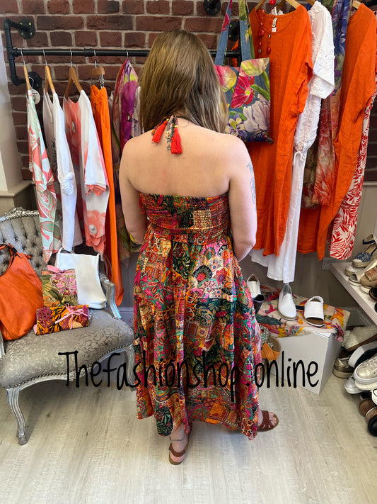 Rachel pink patchwork halter neck dress 8-16