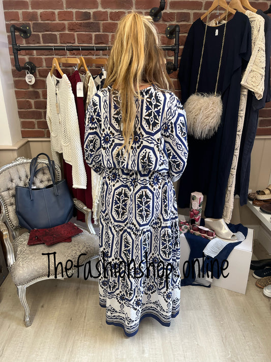 Wendy navy mosaic print smock maxi dress 8-14