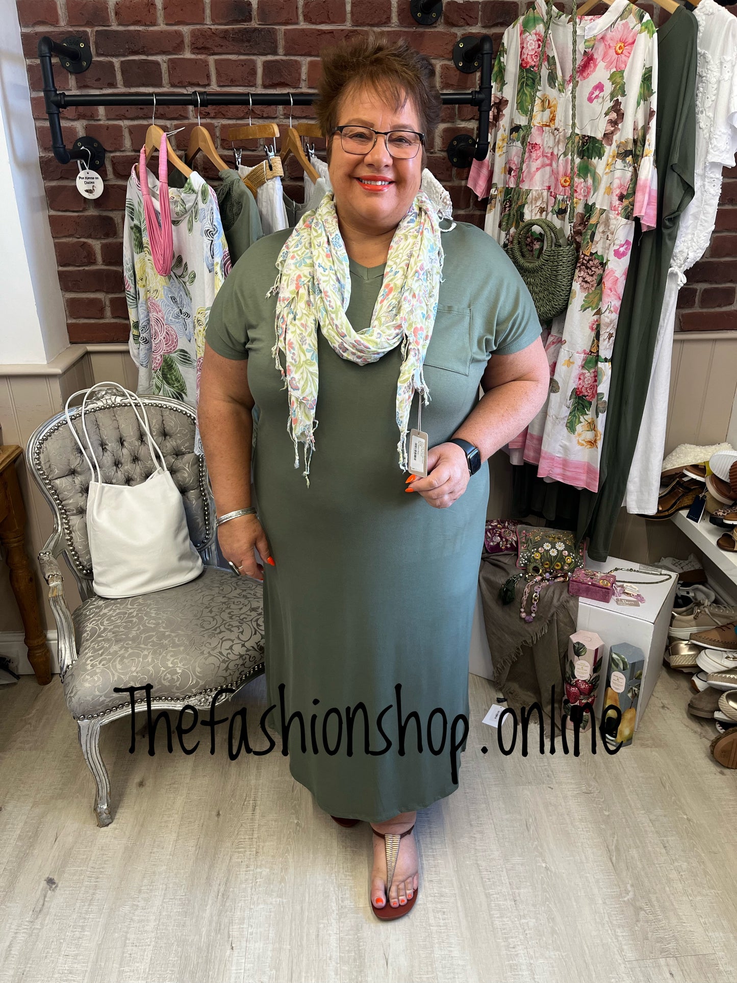 Khaki V neck dress up dress down dress with side split 16-26