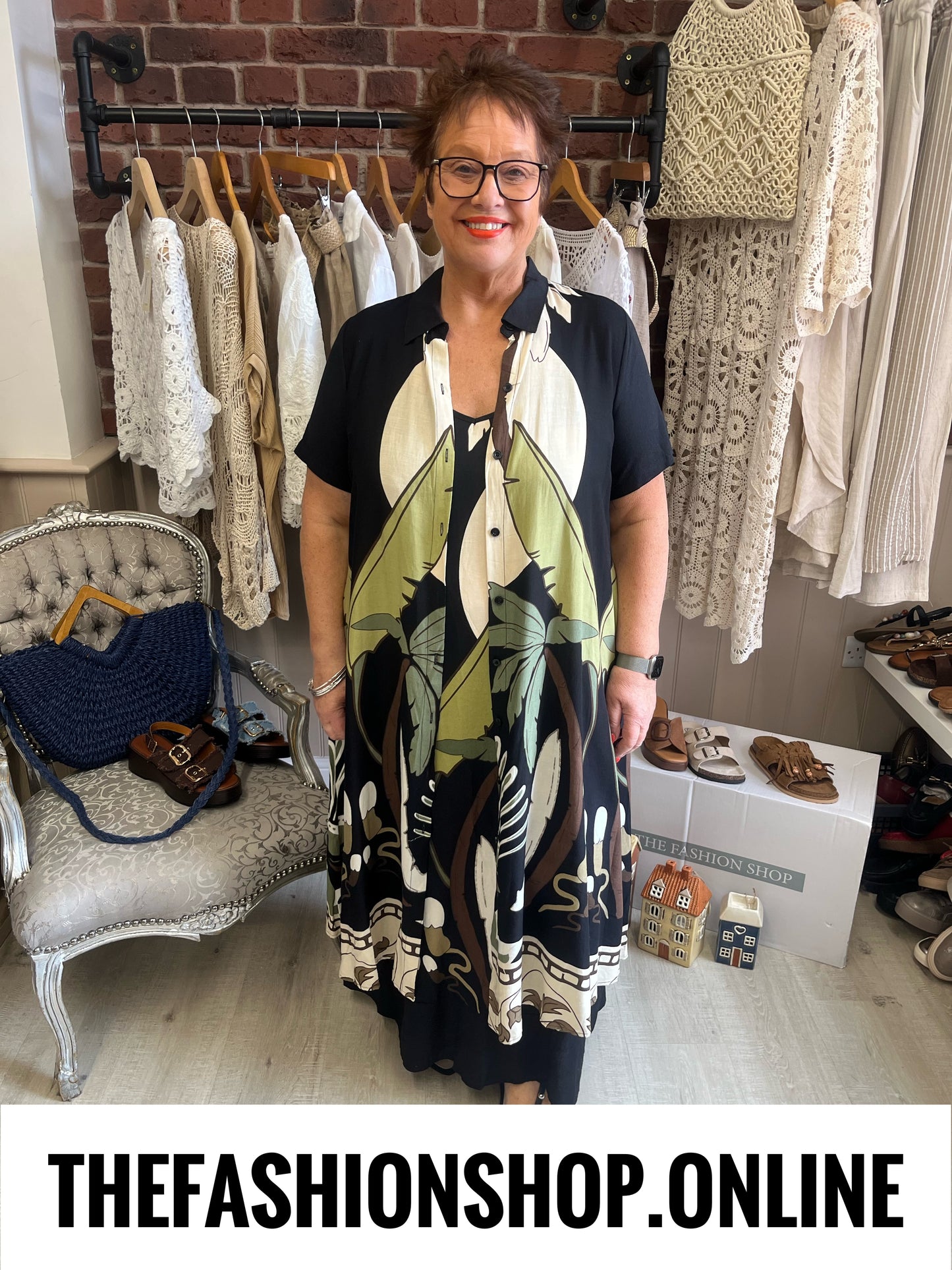 Fly Out Scenic Palm Tree Linen Mix Dress / Jacket in Black 12-18