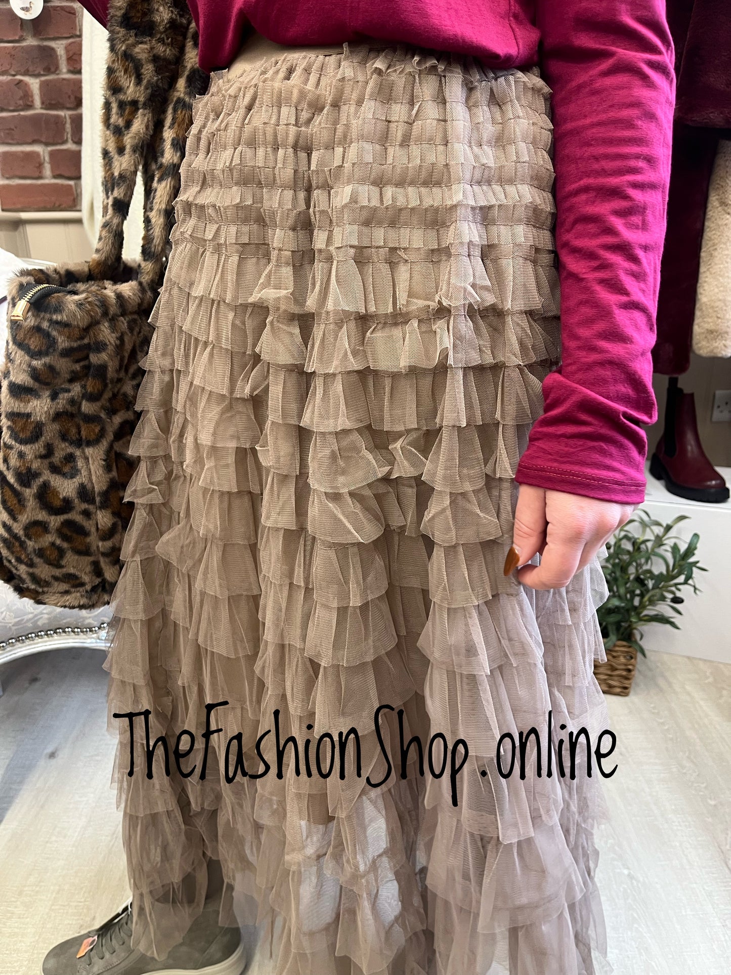 Lottie mocha mesh tiered skirt 8-14