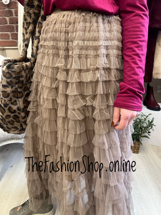 Lottie mocha mesh tiered skirt 8-14