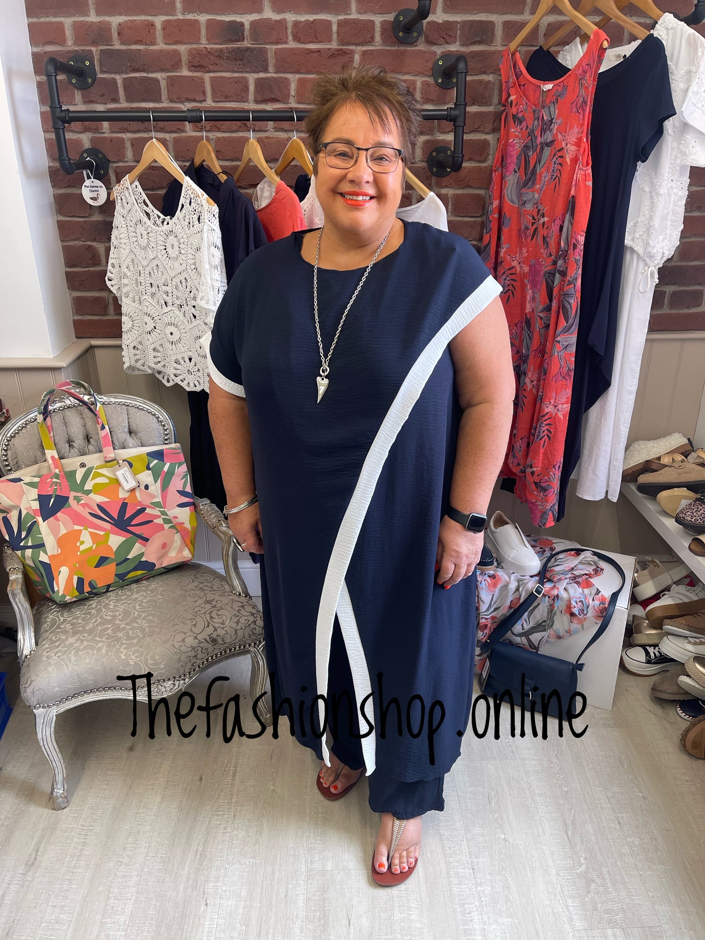 Zara navy and cream drape trouser set 16-22