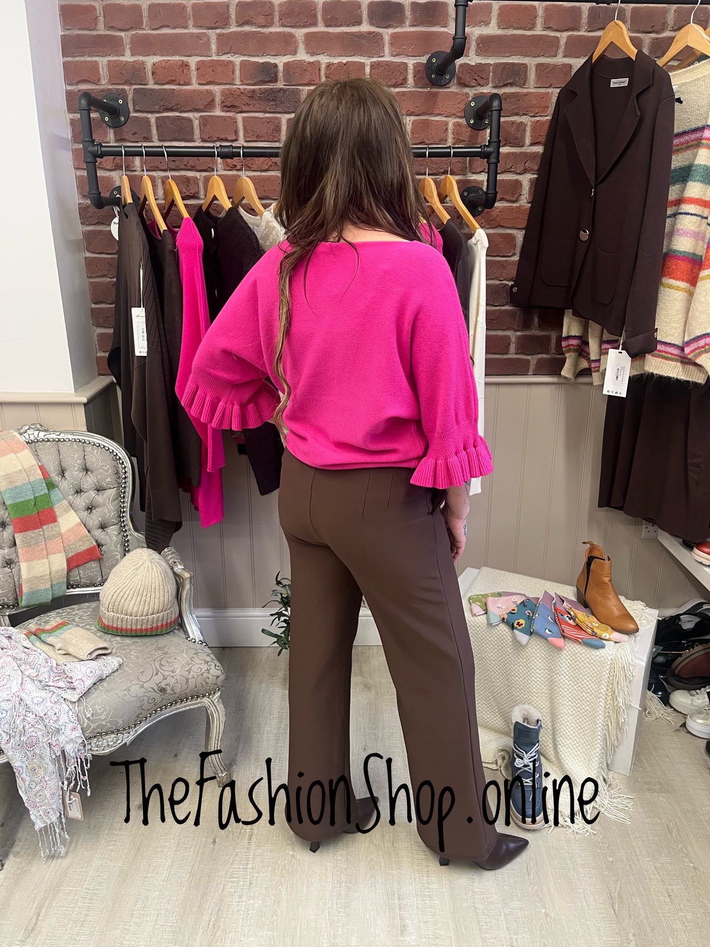 Tess hot pink jumper with frill sleeve 8-14