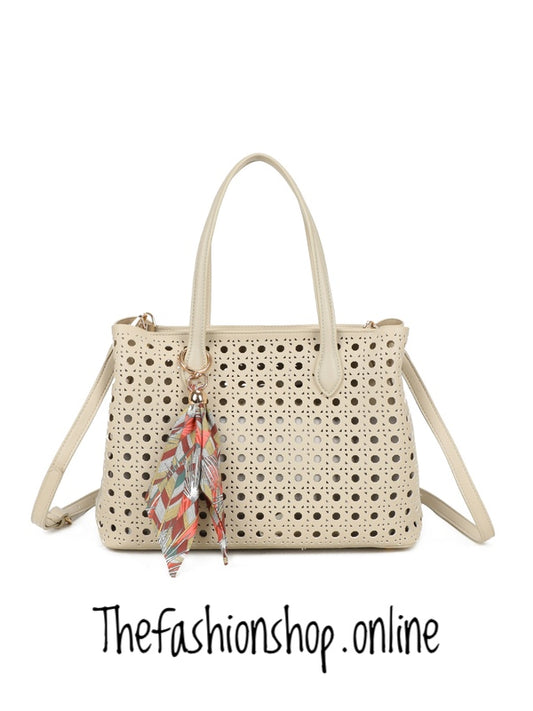 Sienna Lasercut Shoulder Bag in Stone