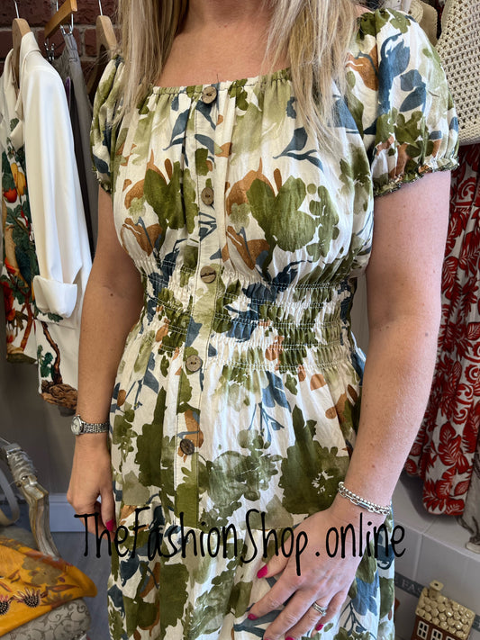 Avril khaki and blue floral gypsy midi dress 8-16