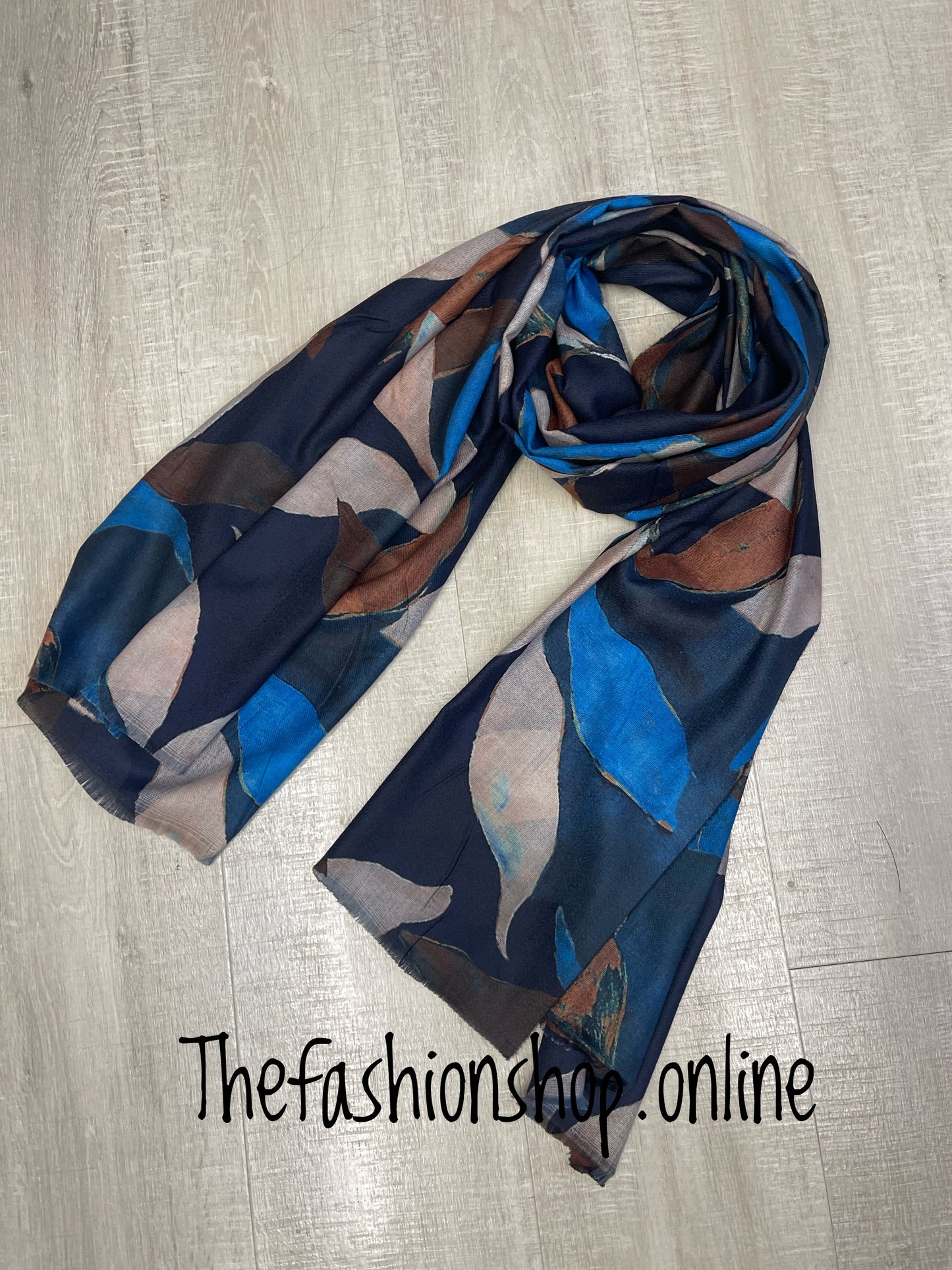 Navy, tan and beige leaves scarf
