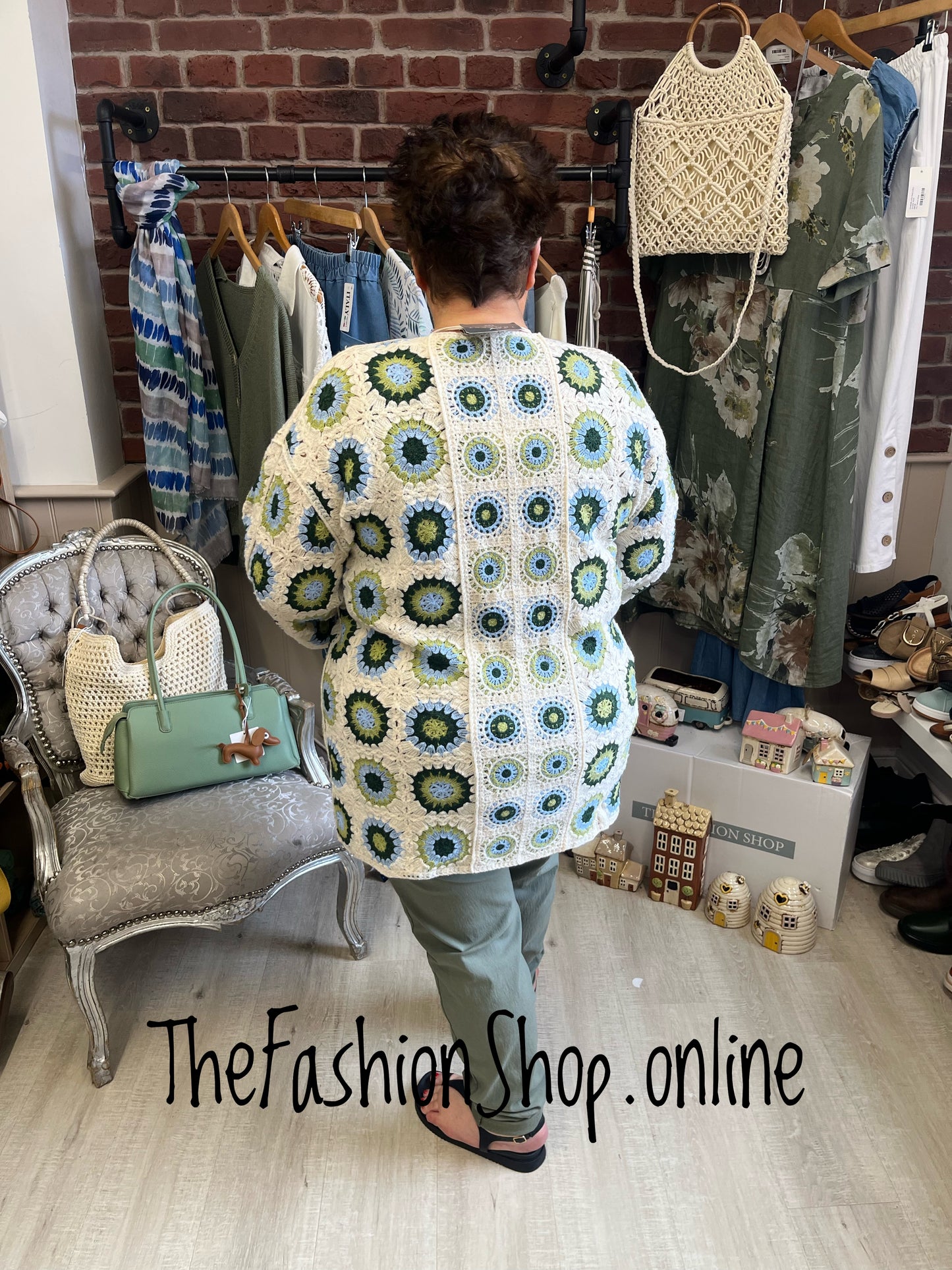 Emily light blue, green and cream patterned crochet cardigan 14-22