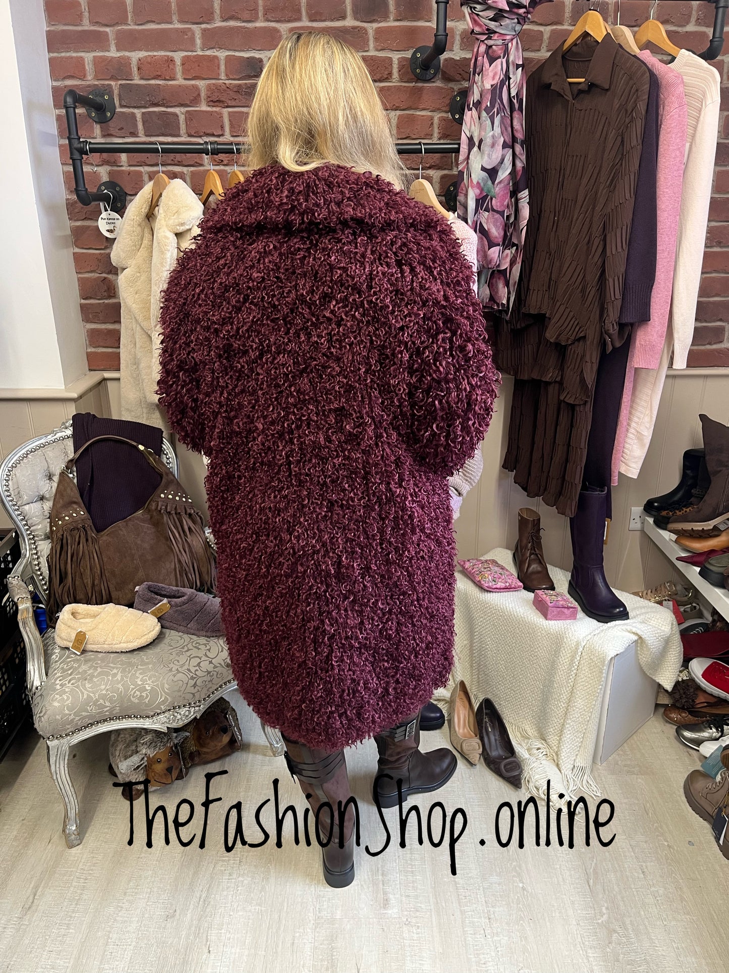 Abigail wine shaggy fur coat sizes 12, 14 and 16