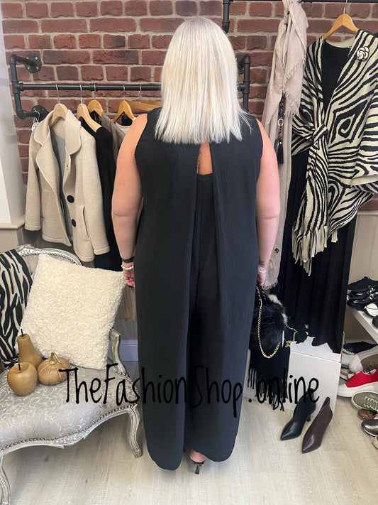 Paris black v neck jumpsuit with back detail 16-20
