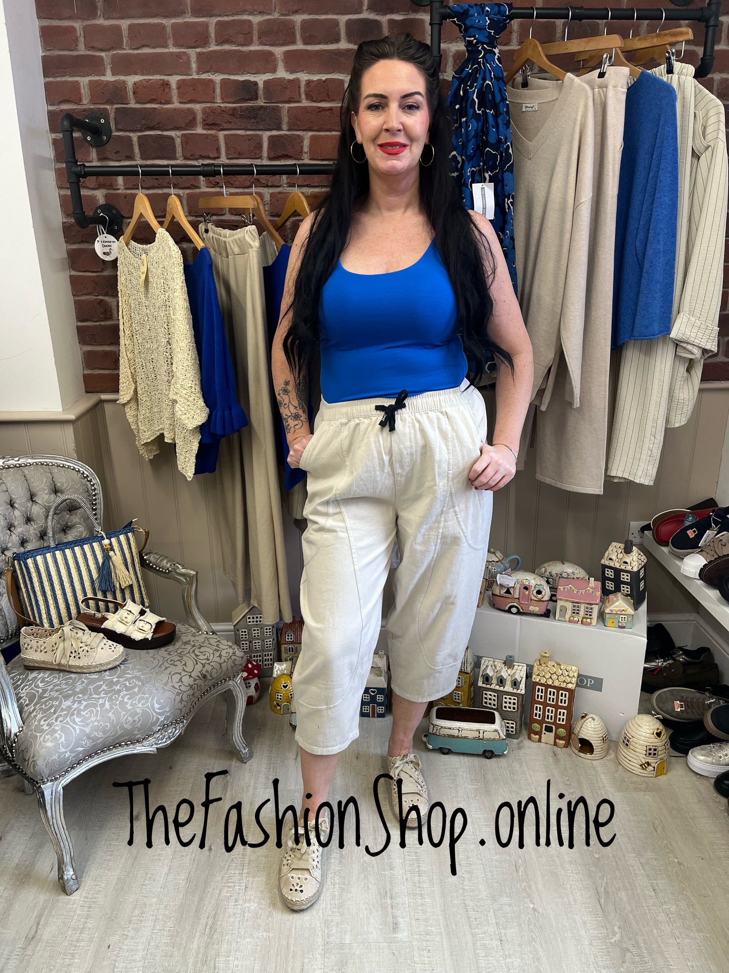Lydia beige cropped stitch trousers 10-16