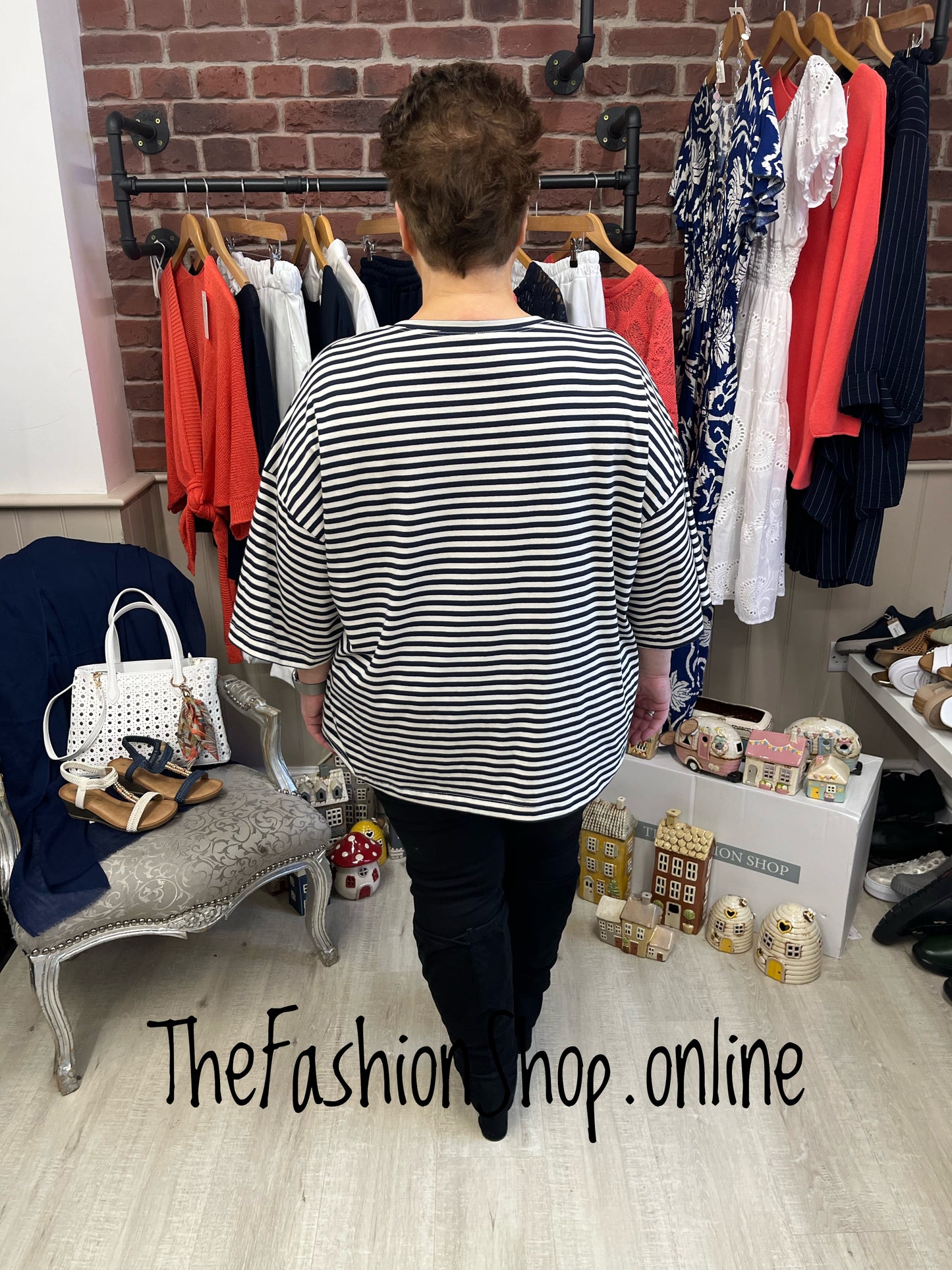 Elise navy and white striped top 16-22