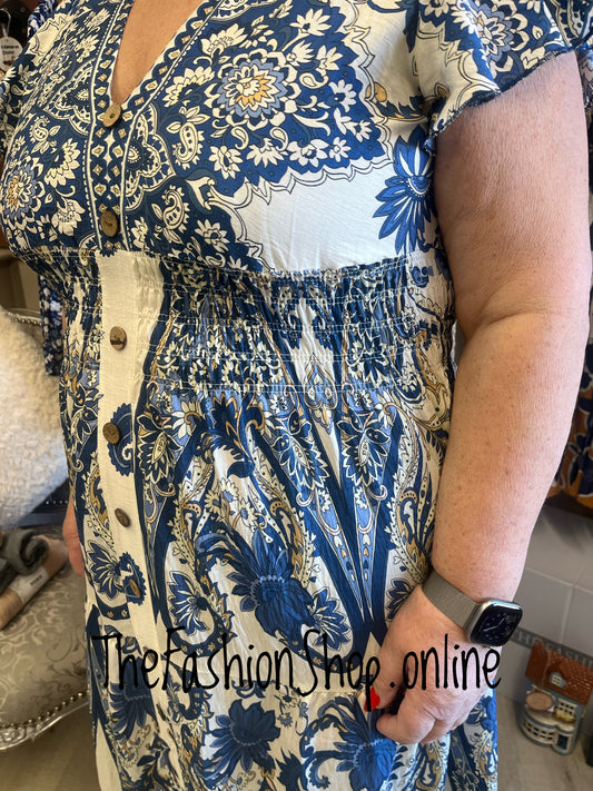 Harmony Denim Blue and cream printed dress 10-18