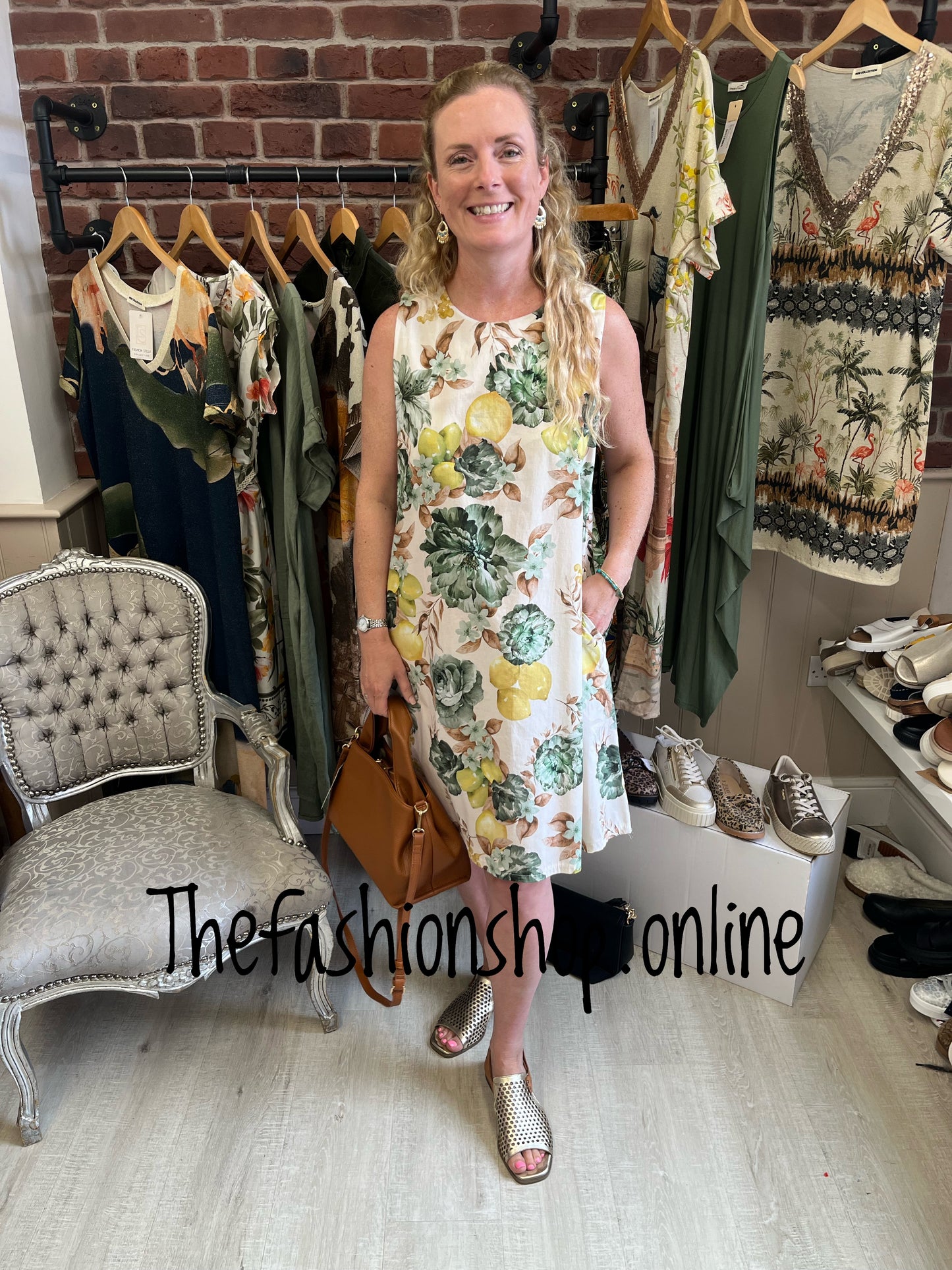 Tia green flowers and lemons shift dress 8-14