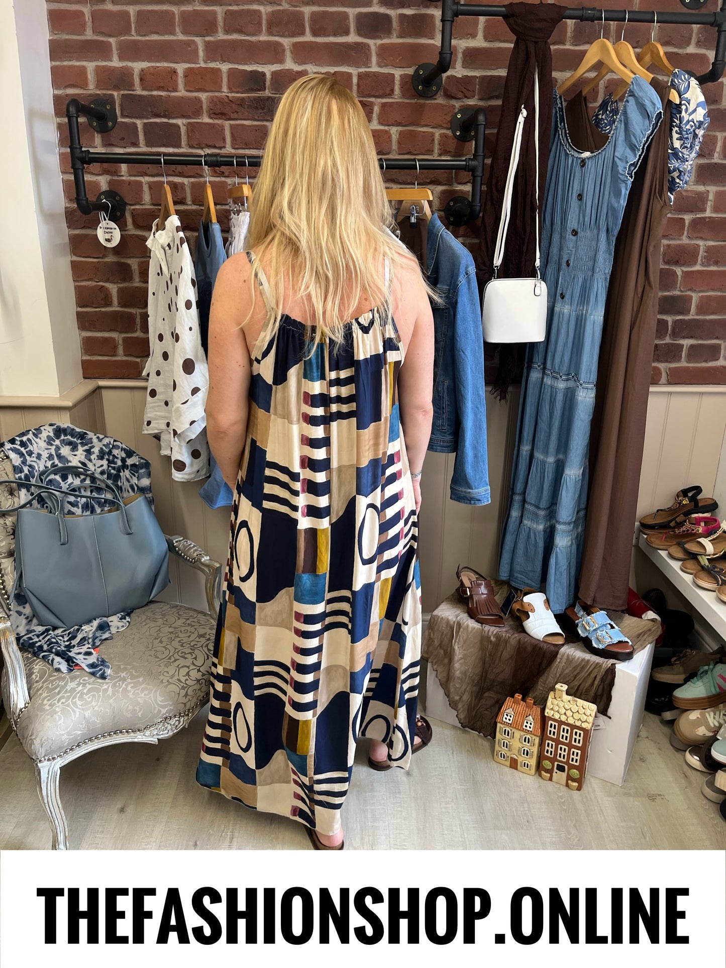 Aubrey navy and brown abstract print dress 10-16