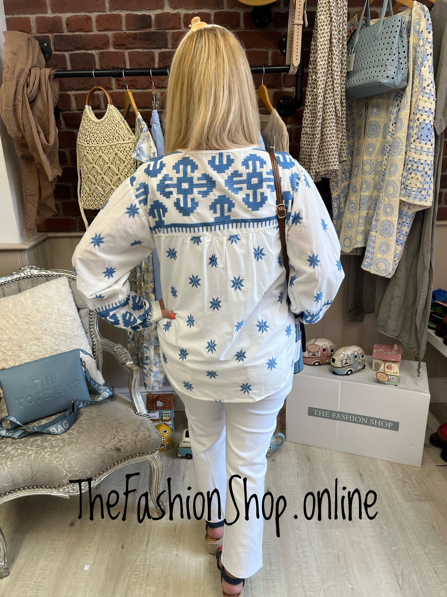 Bella blue and white embroidered blouse 10-12