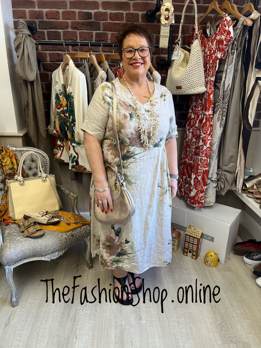 Lucille beige linen floral dress 12-18