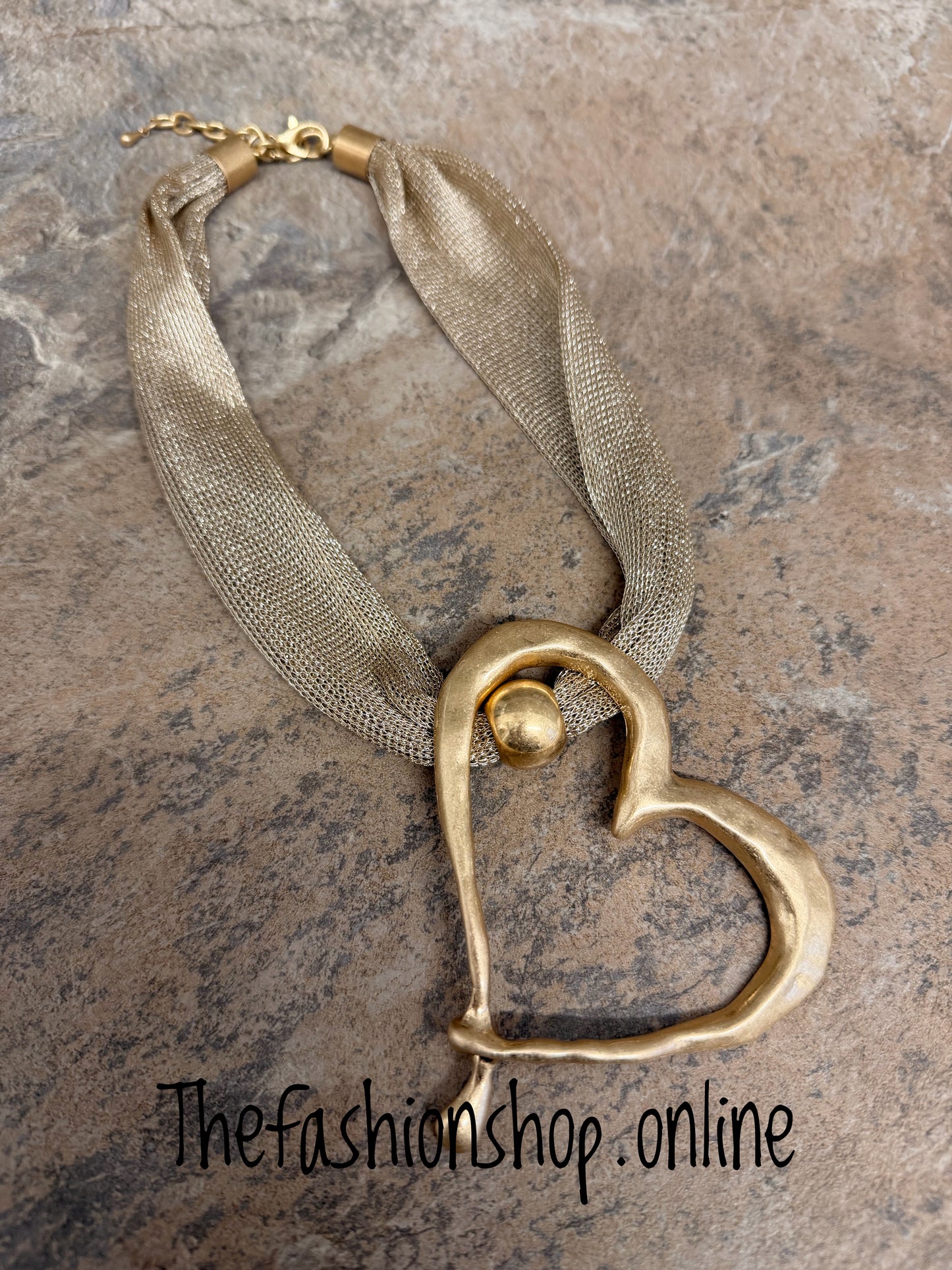 Open Heart Antique Gold Metallic Statement Necklace