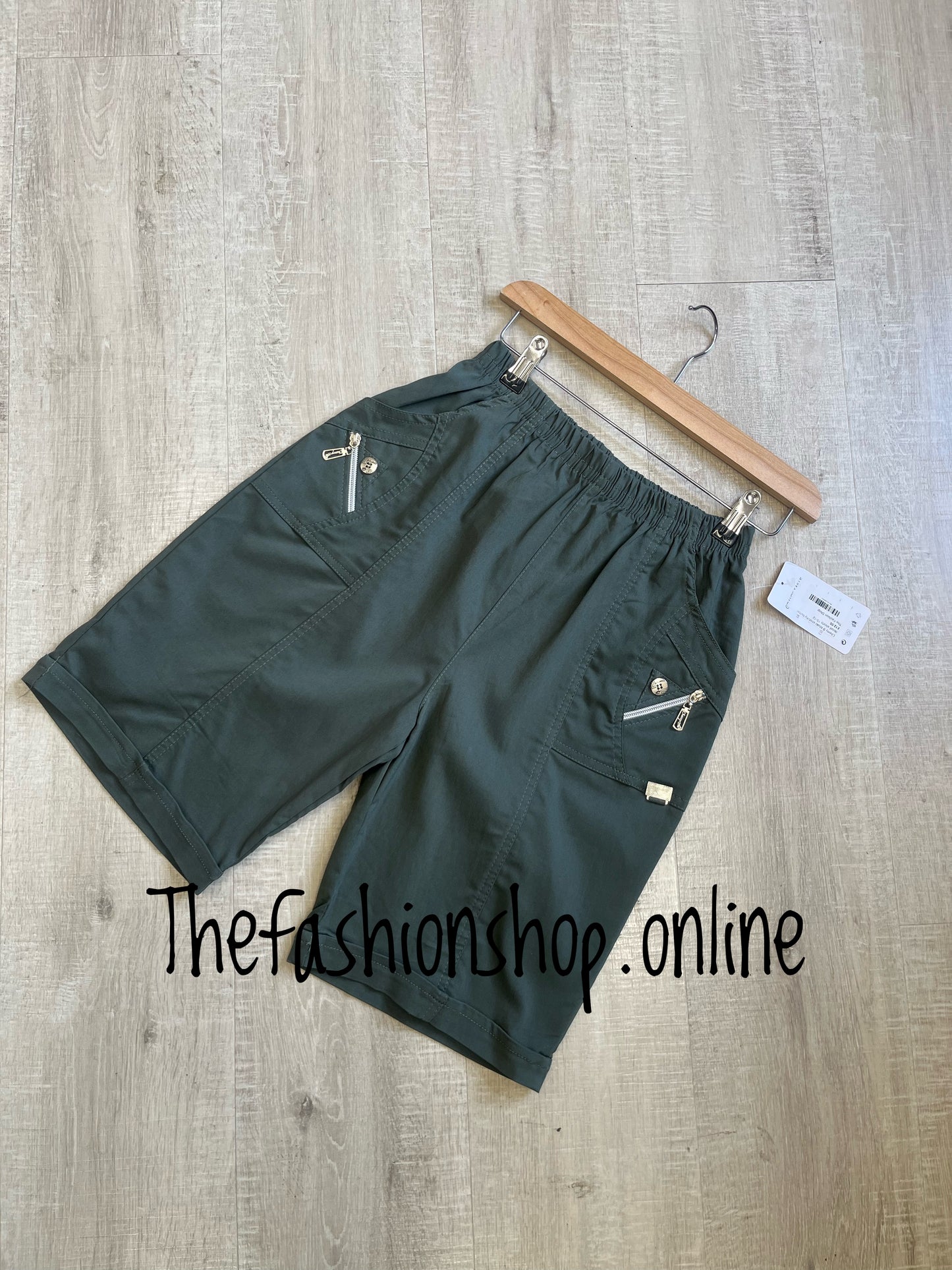 Cherry Berry khaki stretchy button detail shorts sizes 10-22