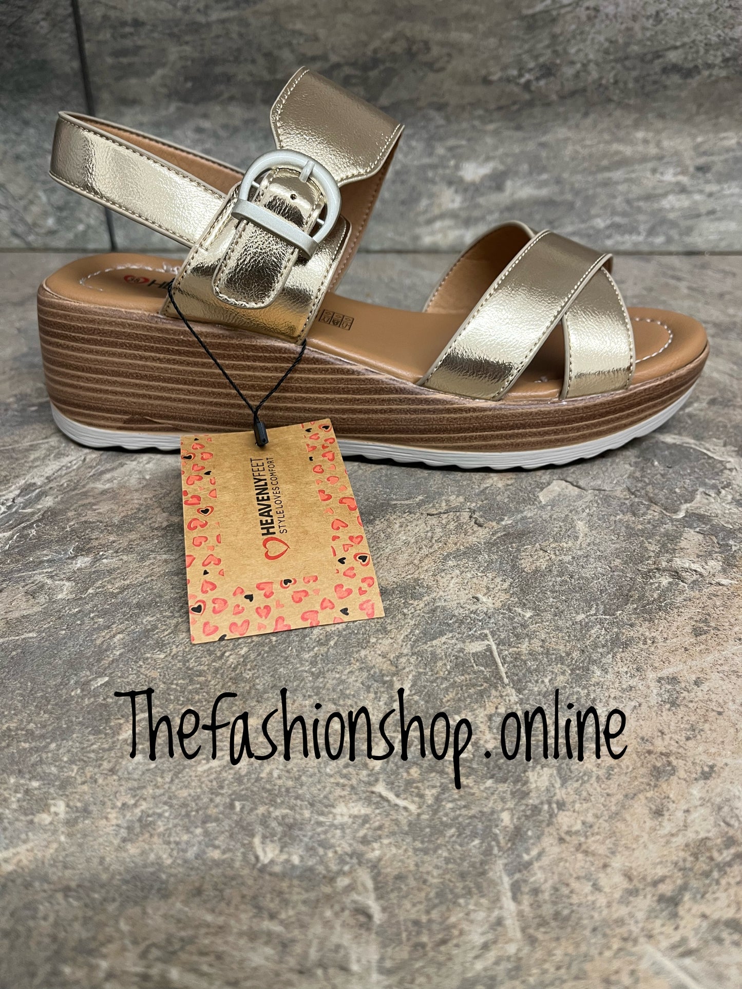 Heavenly Feet gold Destiny wedge sandal sizes 4-6.5 (37-40)
