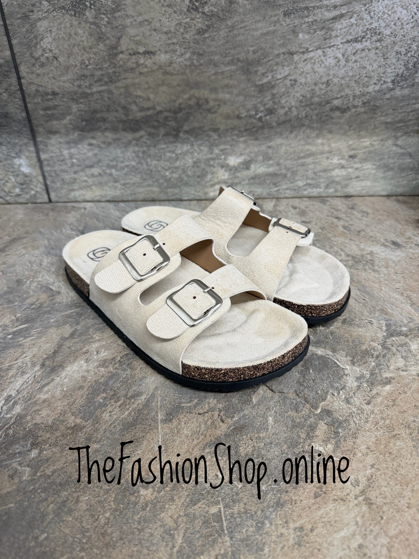 Patsy beige faux suede buckle sliders sizes 3-8 (36-41)