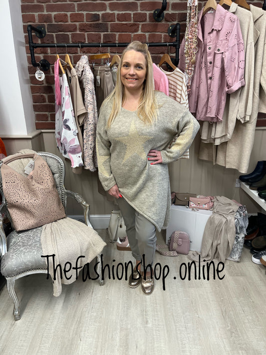 Beige asymmetric wool mix star jumper 10-14