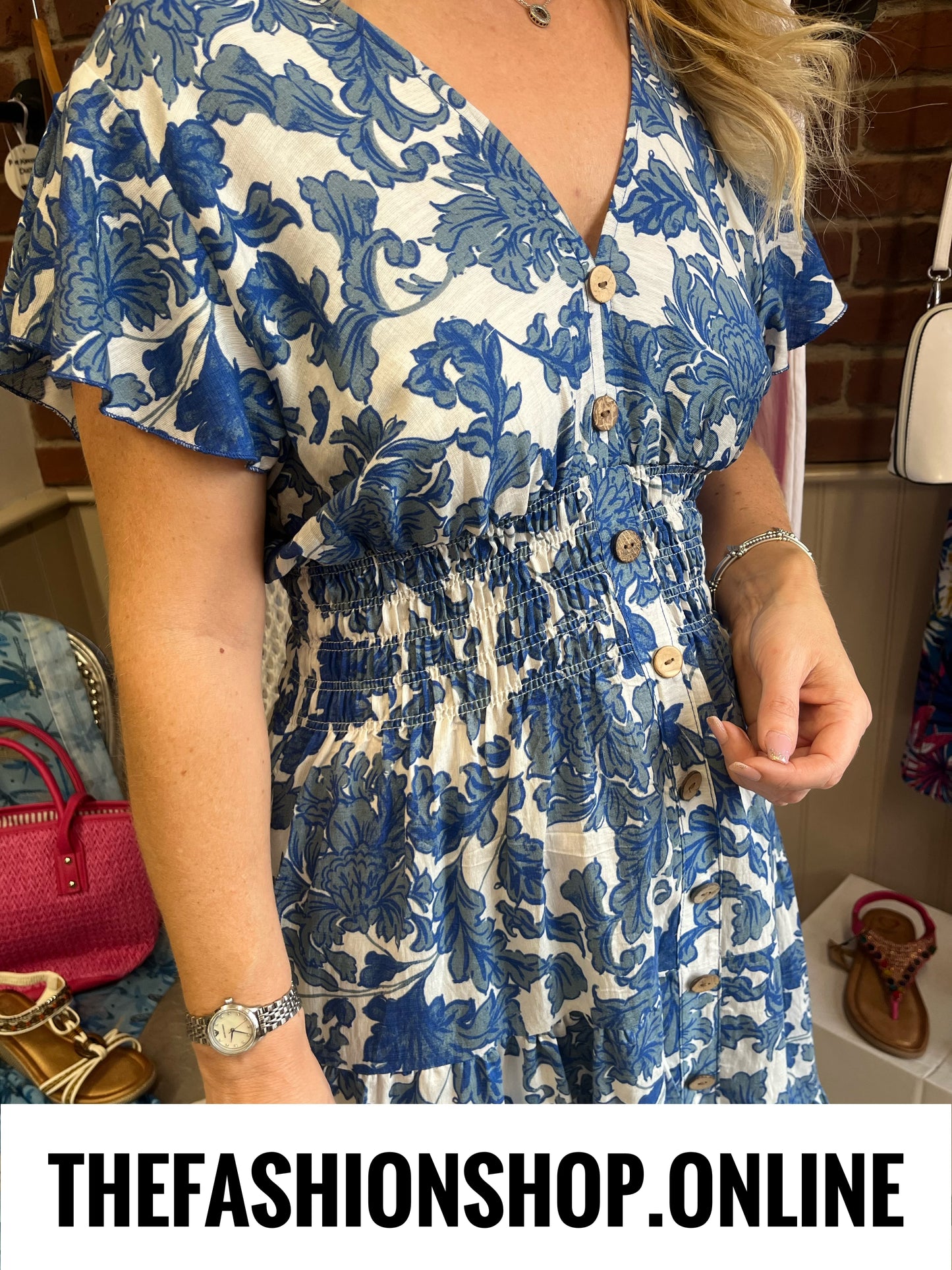 Harmony Blue Willow Midi V Neck Dress 10-18