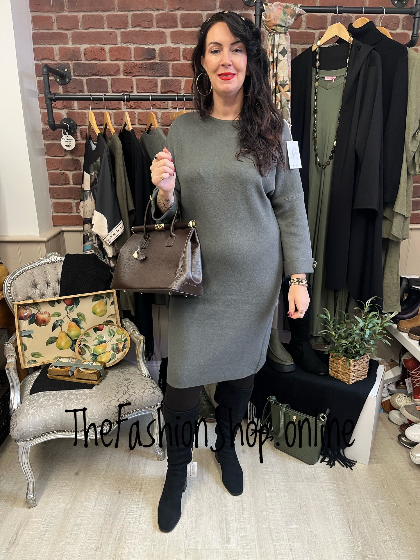 Sara Khaki Green cashmere mix jumper dress 12-16