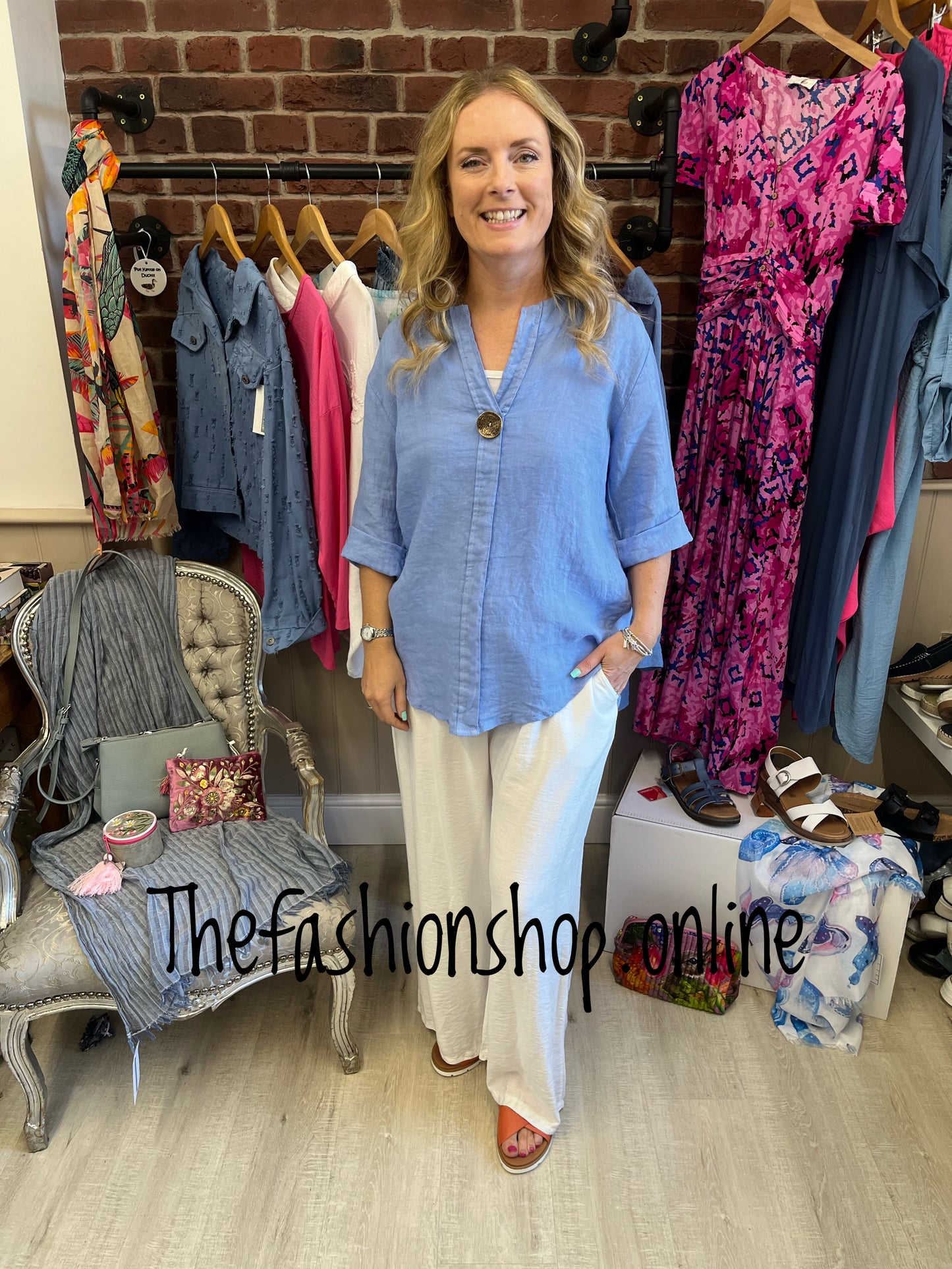 Saffron denim blue linen button top 10-16