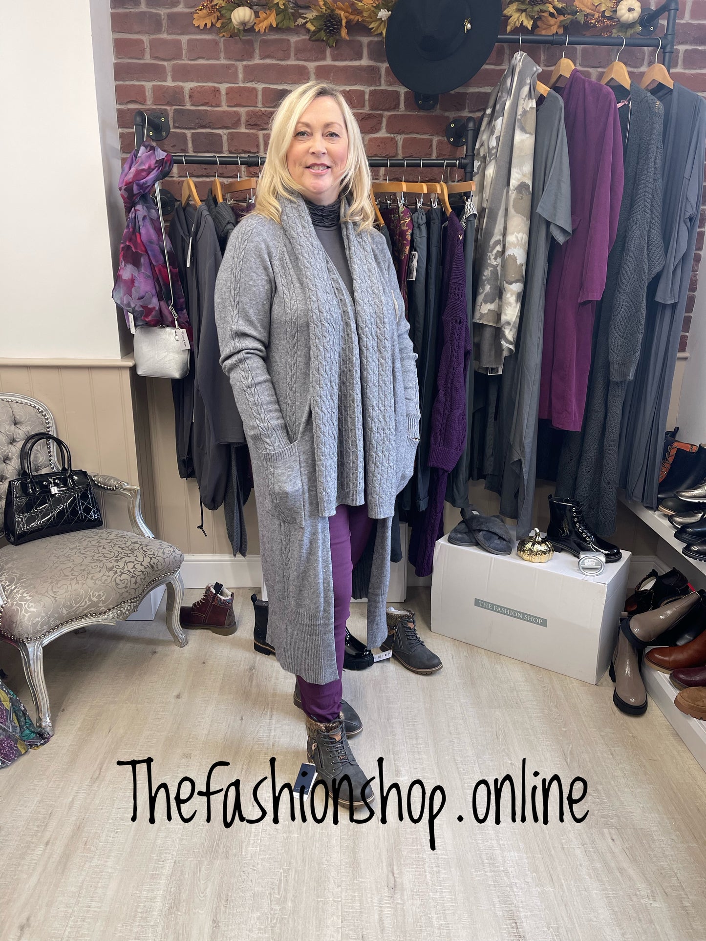 Charcoal long cardigan with scarf 10-18