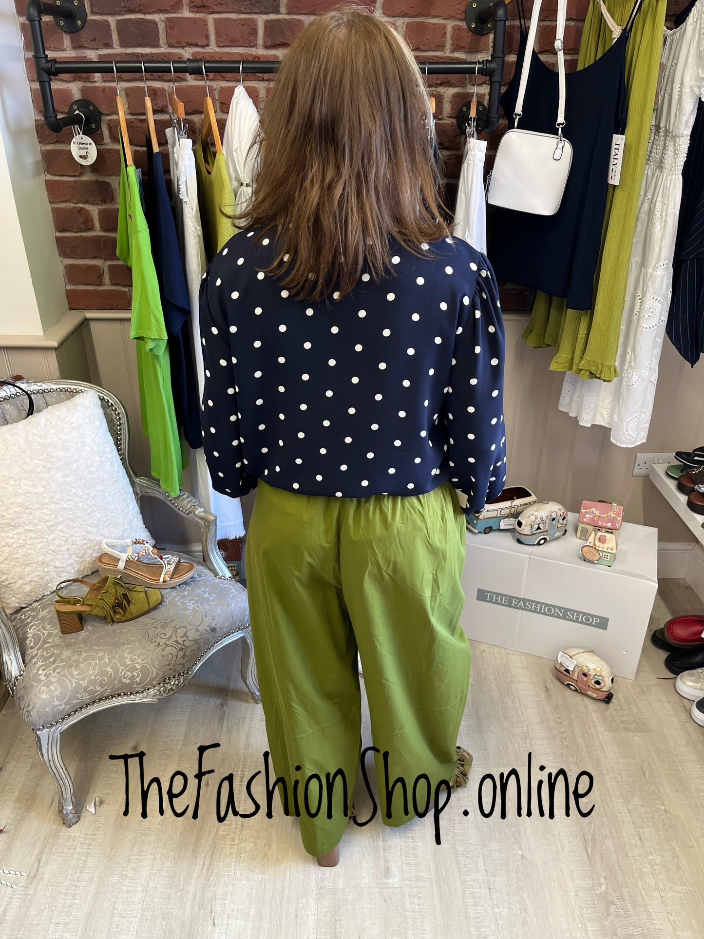 Natalie navy and white spot tie neck blouse 10-14