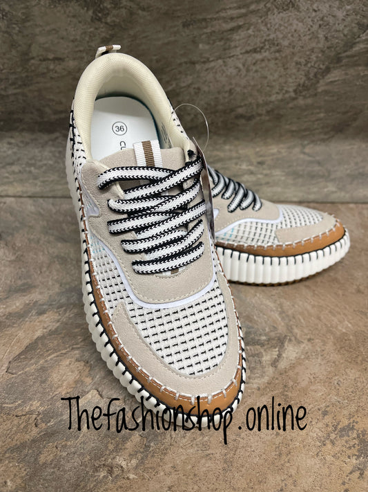 Beige stitched lace up platform trainers sizes 3-8