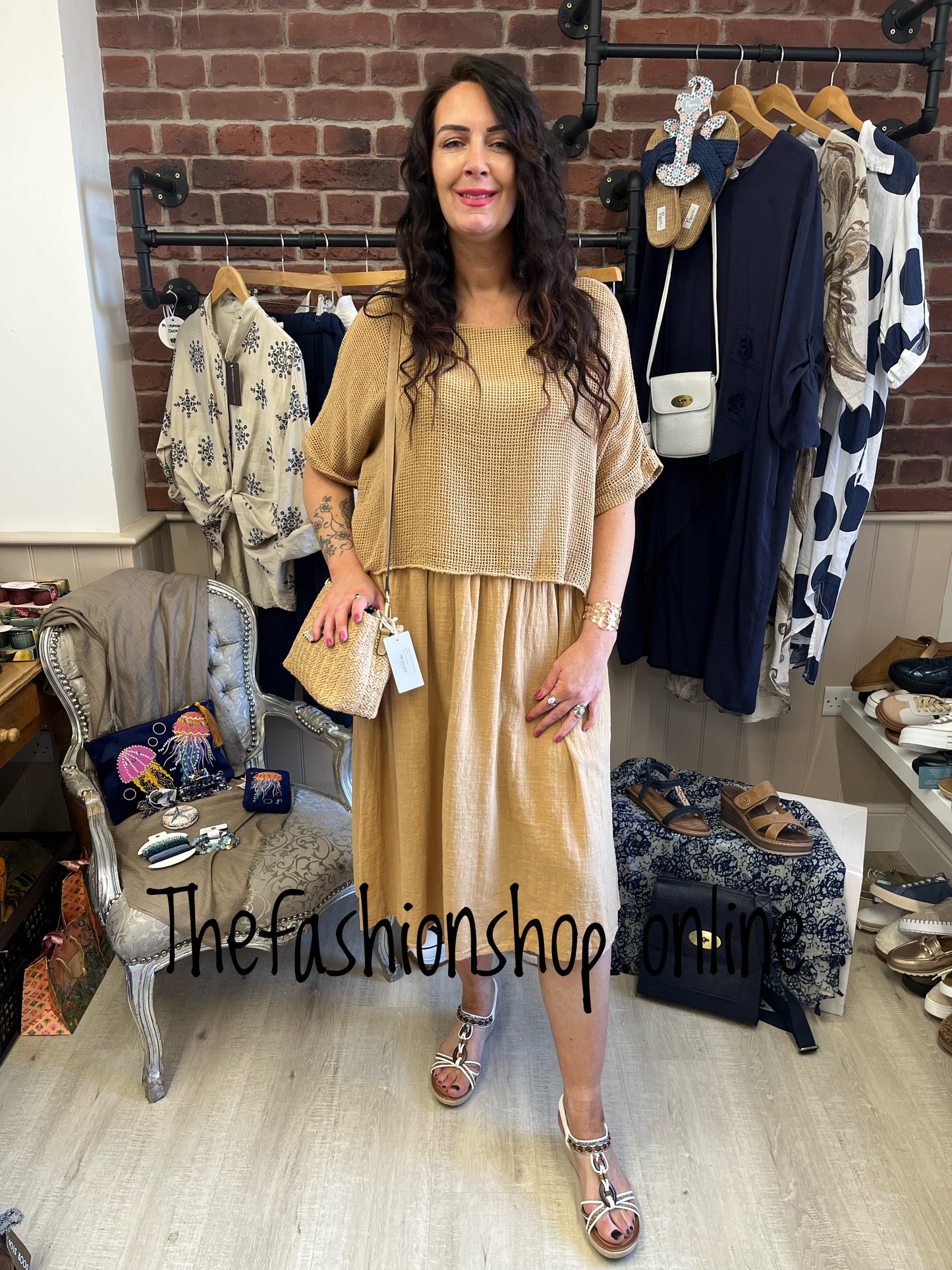 Leah camel dress with mesh overlay 8-18