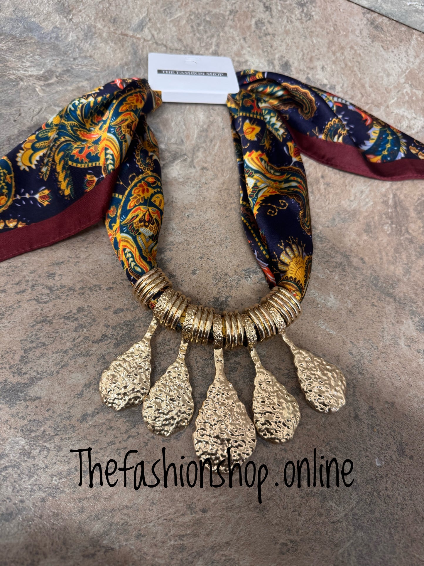 Martha Scarf Necklace with Gold Wine and Navy