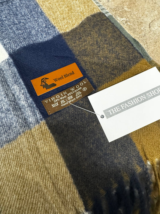 Navy Checked Virgin wool mix scarf
