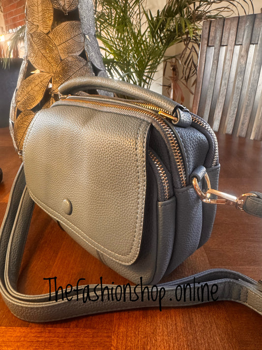 Trinny Triple Zip Shoulder Bag in Denim Blue