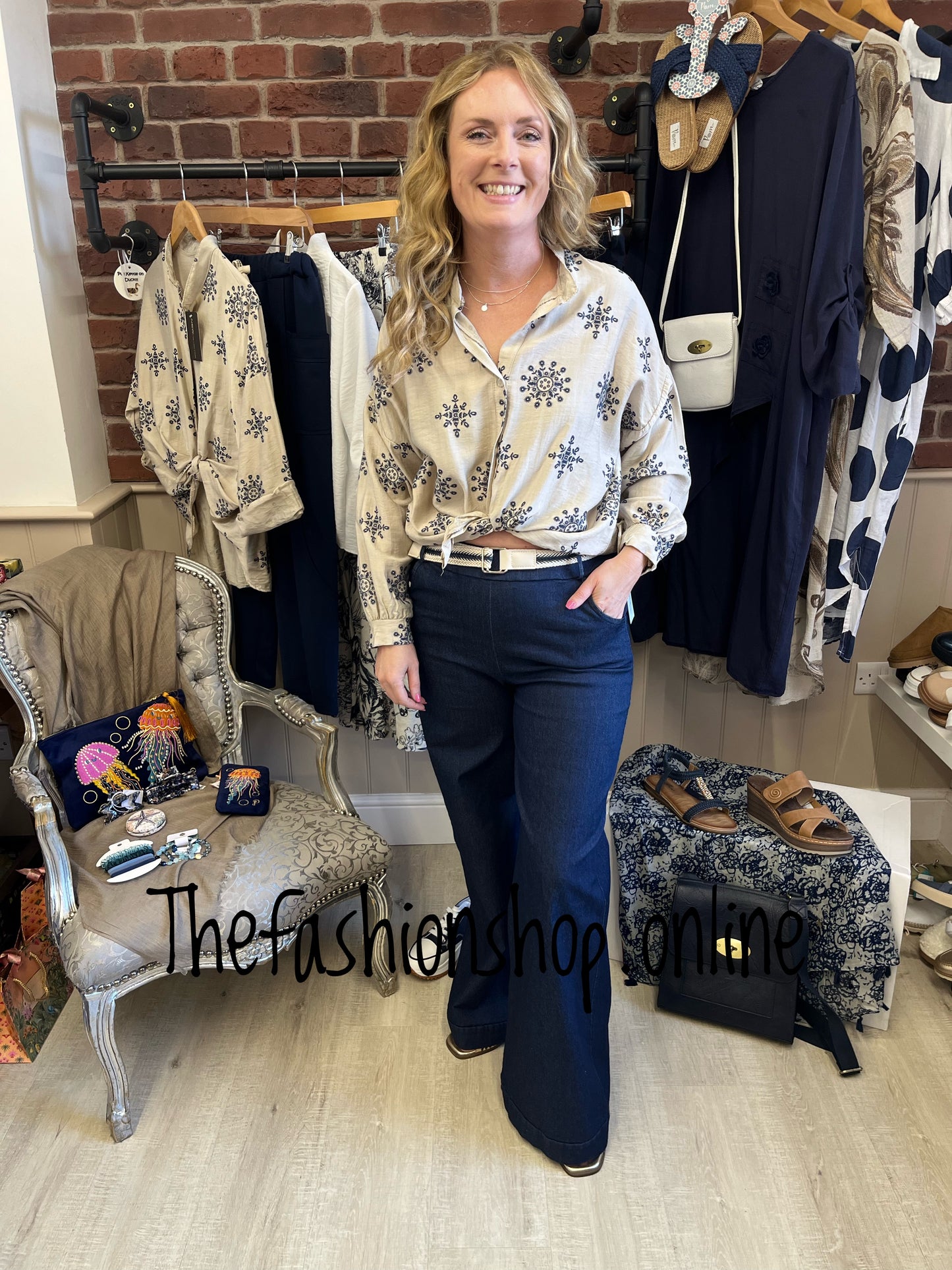 Paige beige with navy tie front shirt 10-16