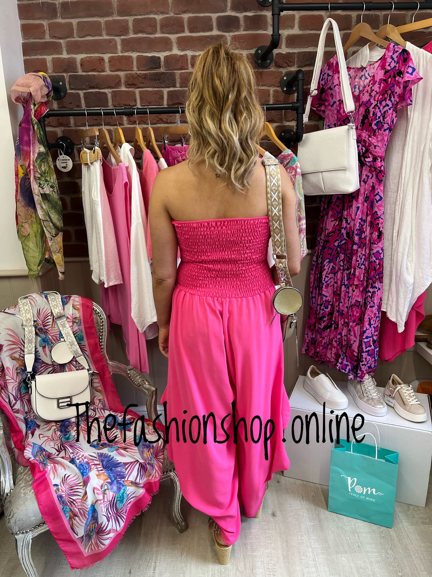 Hot pink halter neck shirred jumpsuit 8-16