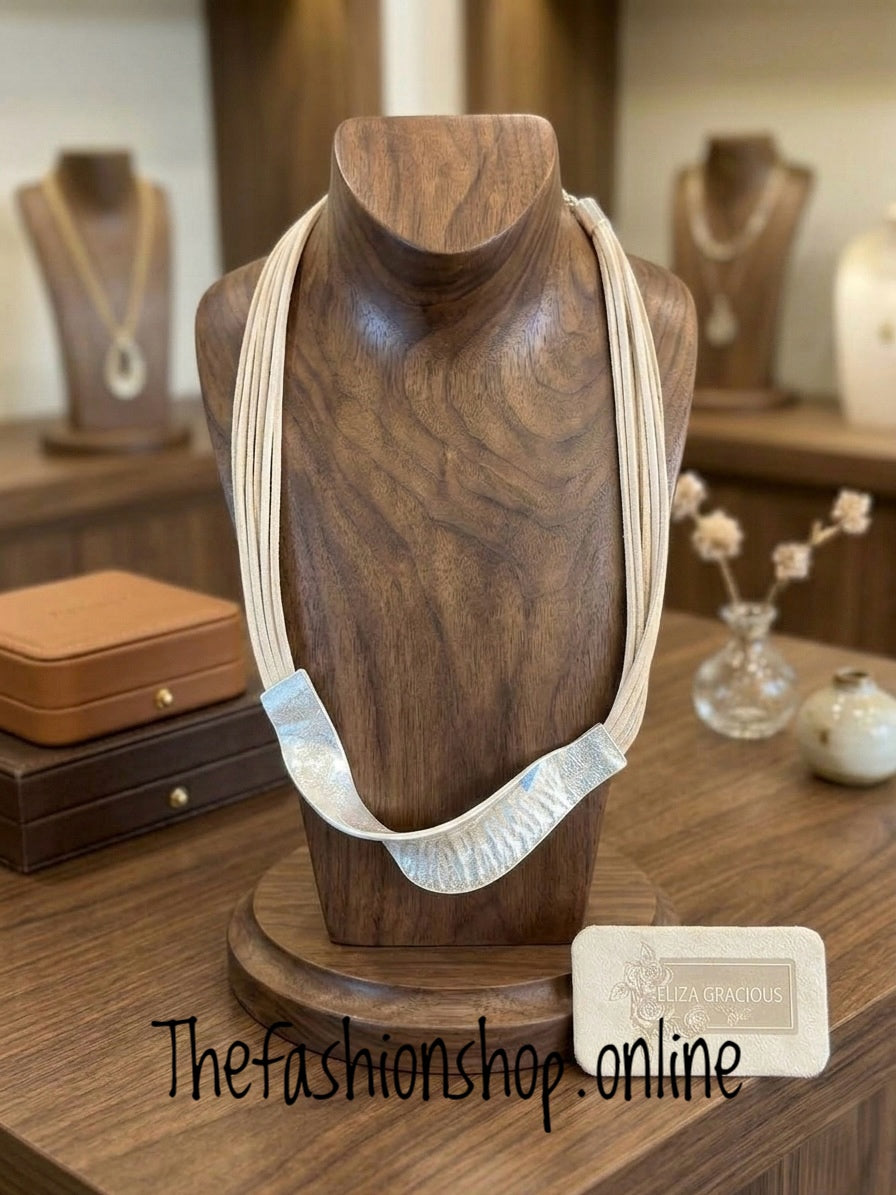 Twist Statement Necklace in Silver with Grey Cord