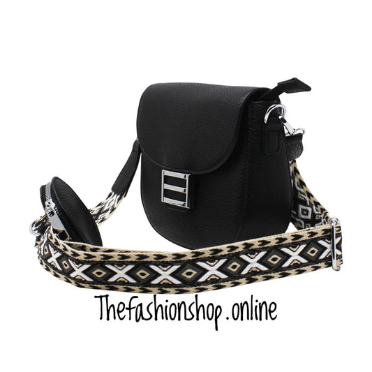 Suzie Saddle Bag with Shoulder strap and coin purse in Black