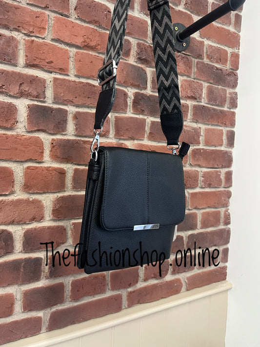 Black faux leather messenger bag